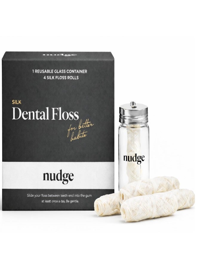 Nudge Clean Sustainable Silk Dental Floss Refill Set, Reusable Glass Dispenser with 4 x 30m All Natural Silk Floss Spools, Plant Based Wax Coated, PFAS Free Oral Care - Image 1