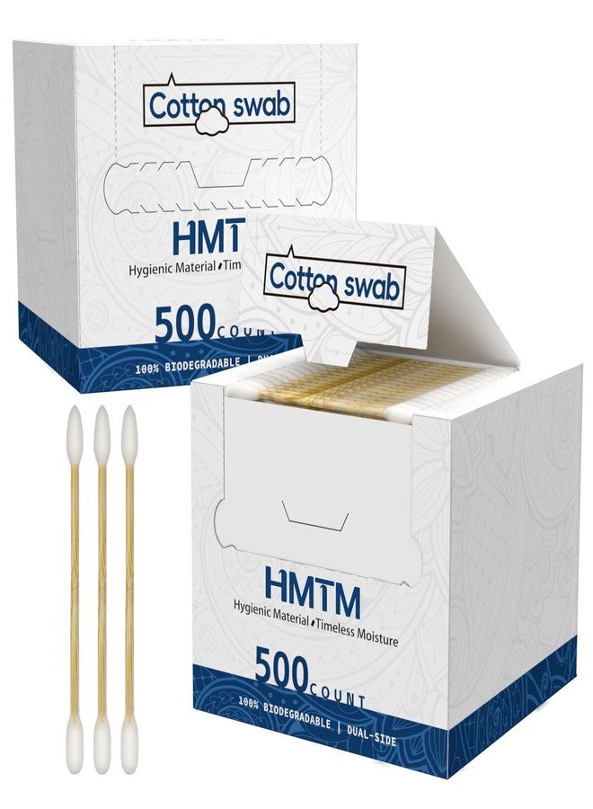 HMTM 500 Count Cotton Swabs, Bamboo Cotton Swab for Eye Ears Oil Makeup, Lint Free Double Tipped Natural Cotton Buds, Cleaning with Wood Handle Remove Dust and Dirt, 500 Count （Pack of 2) - Image 1
