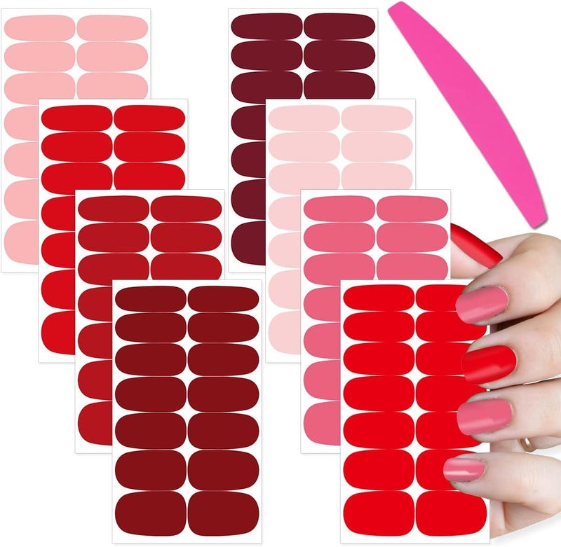 SILPECWEE Red Nail Polish Strips Nail Wraps for Women Solid Color Adhesive Gel Nail Strips Sticker Nail Polish Nail Accessories Manicure Stickers with 1pc Nail File (8 Sheets)