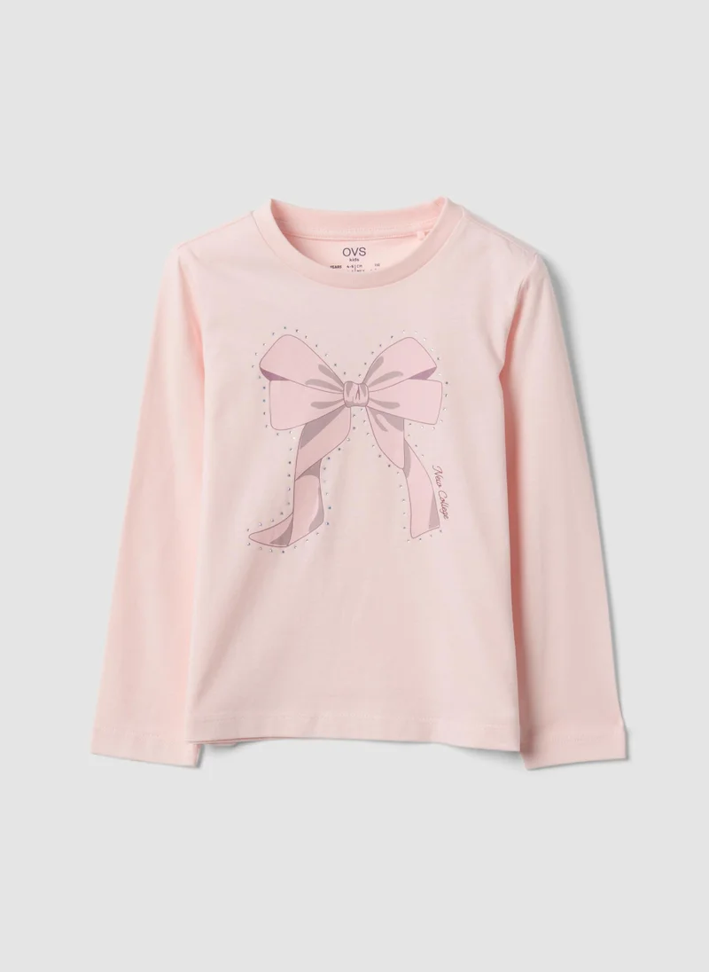 Ovs OVS Pink Pure Organic Cotton T-Shirt With Bow Print For Girls