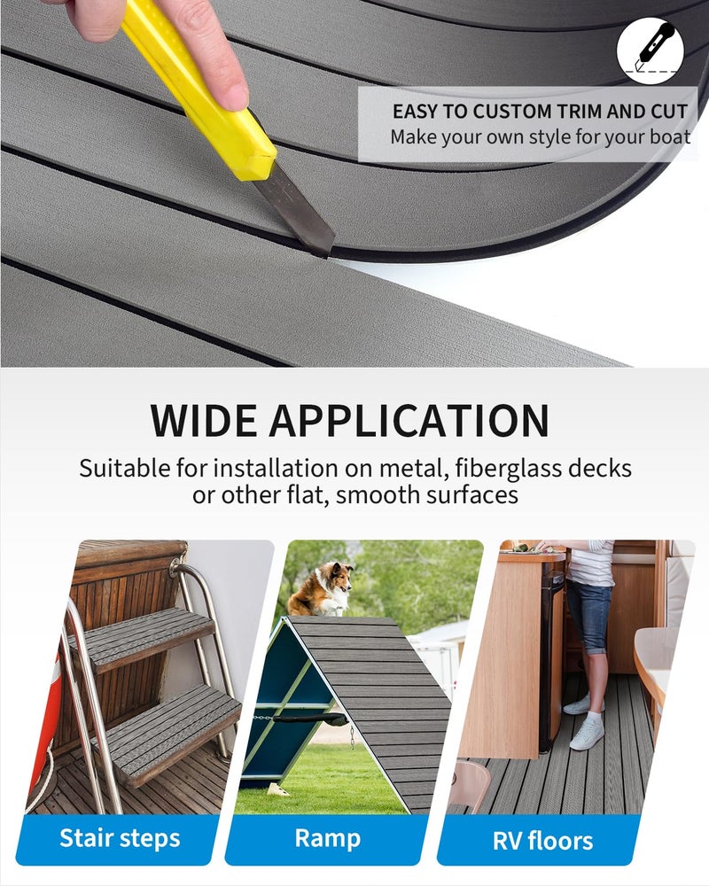 OCEANBROAD Boat Flooring EVA Foam Self-Adhesive 48''x16.8'' Faux Teak Marine Boat Decking Sheet for Jon Boats Yacht Floor, Gray with Black Seam Lines - Image 5