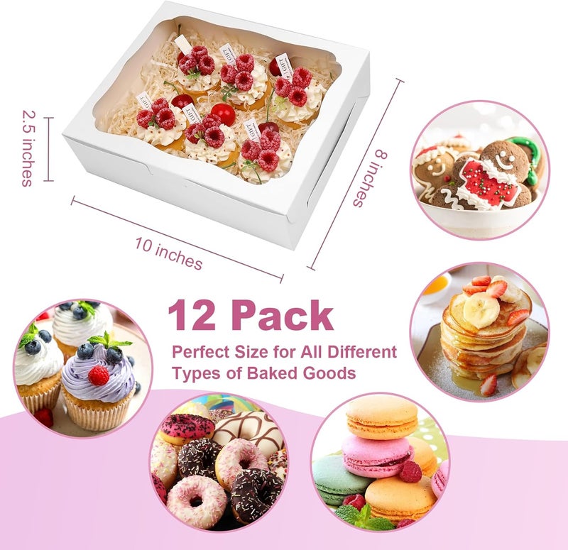 Capkyke 12pcs10x8x2.5 Inch White Bakery Boxes Treat Boxes with Window for Pastry, Cookie, Desserts, Chocolate Strawberries, Pies, Donuts, Muffins,Cupcake - Image 2
