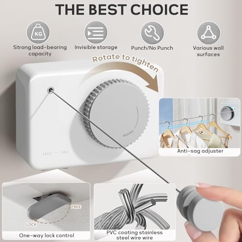 Ruirgo Retractable Clothesline Indoor, Clothes Line Outdoors, Clothesline with Anti-Sagging Function, 165inch Stainless Steel Clothes Drying Line, Can Be Installed in Balcony, Bathroom, Laundry Room - Image 5
