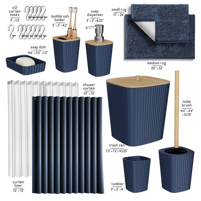 Clara Clark Bathroom Accessories Set - Bathroom Set, Bathroom Sets with Shower Curtain and Rugs, Shower Curtain Set with Bathroom Trash Can - Navy - 22PC - Image 2