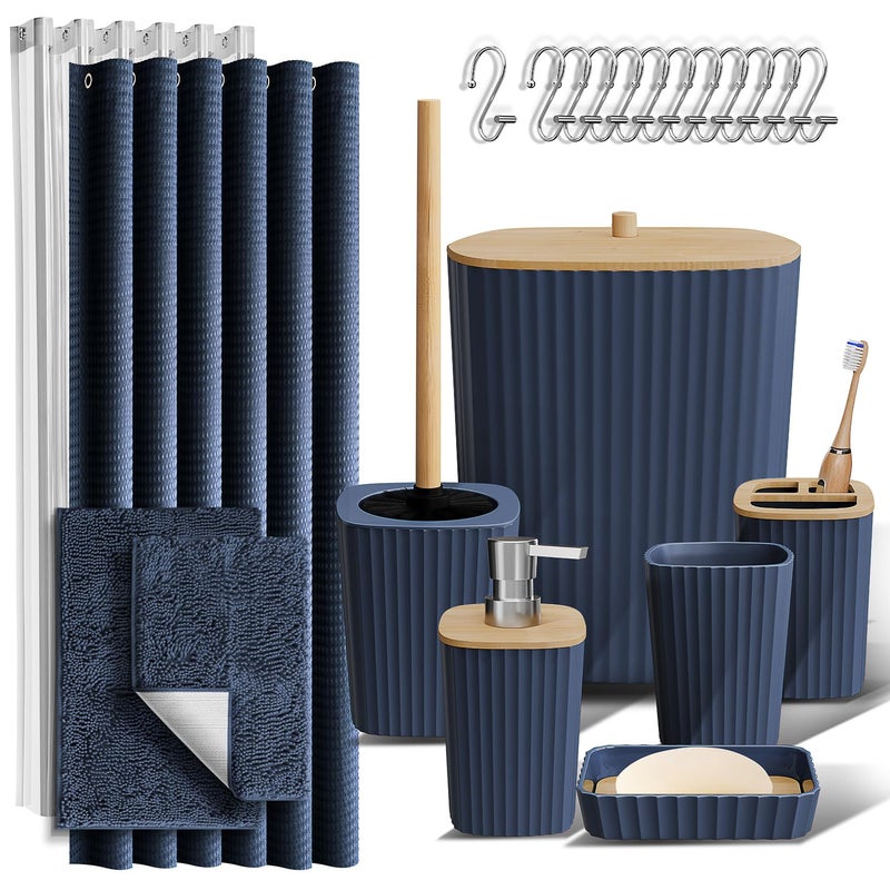 Clara Clark Bathroom Accessories Set - Bathroom Set, Bathroom Sets with Shower Curtain and Rugs, Shower Curtain Set with Bathroom Trash Can - Navy - 22PC - Image 1