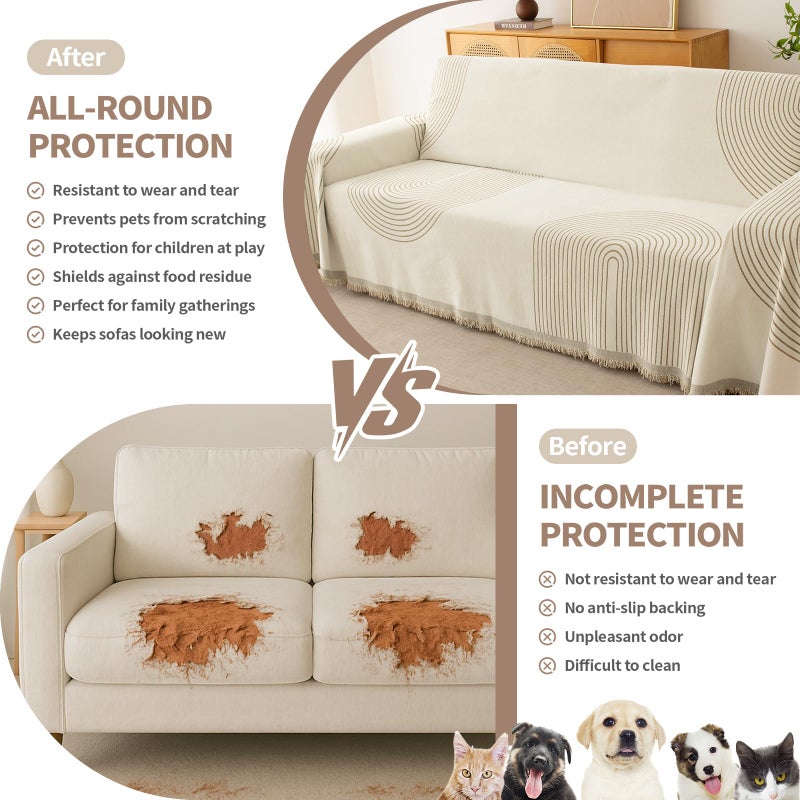 KaviKon Couch Cover for Dogs, Boho Sofa Covers for 3 Cushion Couch, Chenille Sofa Slipcover for Pets Washable, L-Shape Sectional Couch Loveseat Cover Soft Throw Blankets with Tassels(71x118,Arc Beige) - Image 2