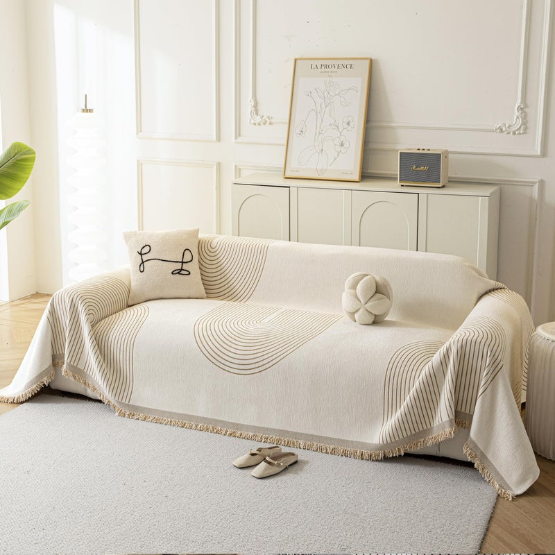 KaviKon Couch Cover for Dogs, Boho Sofa Covers for 3 Cushion Couch, Chenille Sofa Slipcover for Pets Washable, L-Shape Sectional Couch Loveseat Cover Soft Throw Blankets with Tassels(71x118,Arc Beige) - Image 1