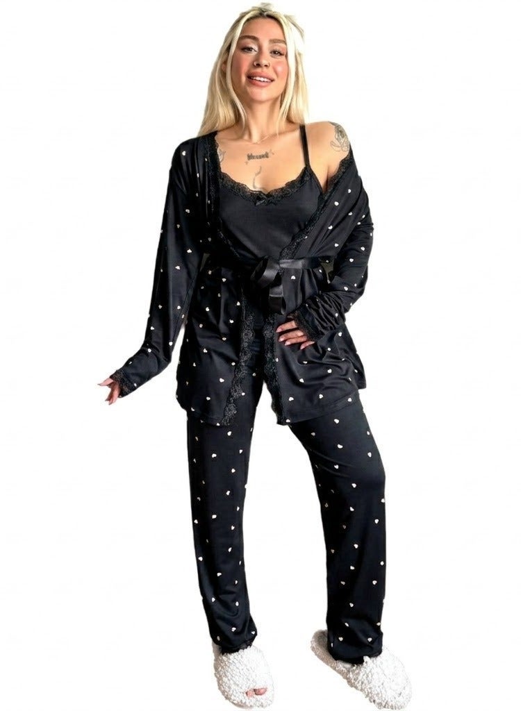 Women's 4 Piece Heart Print Satin Pajama Set with Lace Trim Camisole Long Sleeve Robe Full Length Pants Soft Silk Feel Sleepwear Comfortable Loungewear Nightwear Homewear Relax Fit Elegant Pajama Set Fits Up to 75 KG