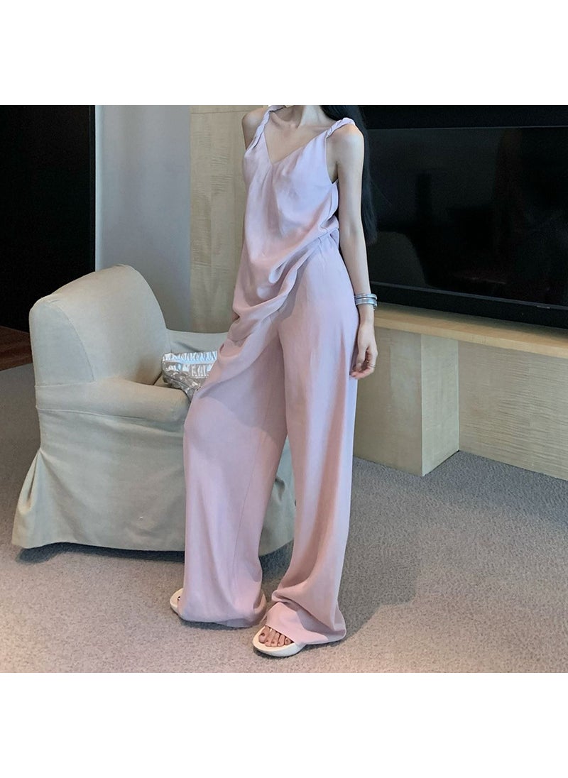 Generic - Elegant Socialite Pink Hot Girl Tank Top Womens Summer Wide Leg Pants 2-Piece Set Stylish Co-Ord Set For Special Occasions Pink Top - Image 1