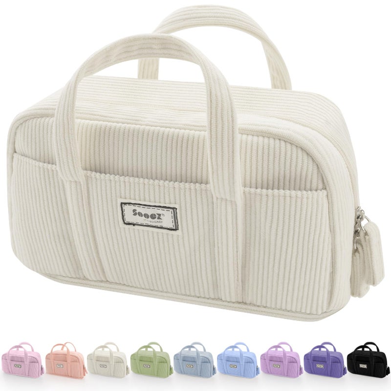 Sooez Large Pencil Case Pouch, Extra Big Pencil Bag with 5 Compartments, Pen Bag Wide Opening, Soft Corduroy Pencil Pouch Organizer with Zipper, Cute Aesthetic School Supplies for Teen Girls-Beige - Image 1