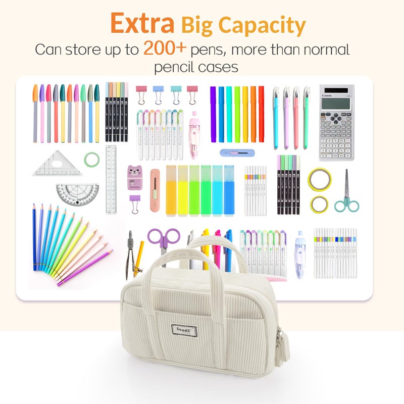 Sooez Large Pencil Case Pouch, Extra Big Pencil Bag with 5 Compartments, Pen Bag Wide Opening, Soft Corduroy Pencil Pouch Organizer with Zipper, Cute Aesthetic School Supplies for Teen Girls-Beige - Image 3