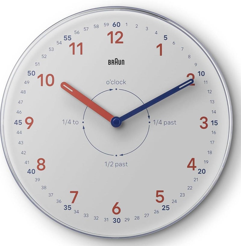 ساعة حائط براون أنالوج تايم تيتشر مع حركة كوارتز صامتة، قرص سهل القراءة، قطر 23 سم، باللون الأبيض، موديل BC26TW.