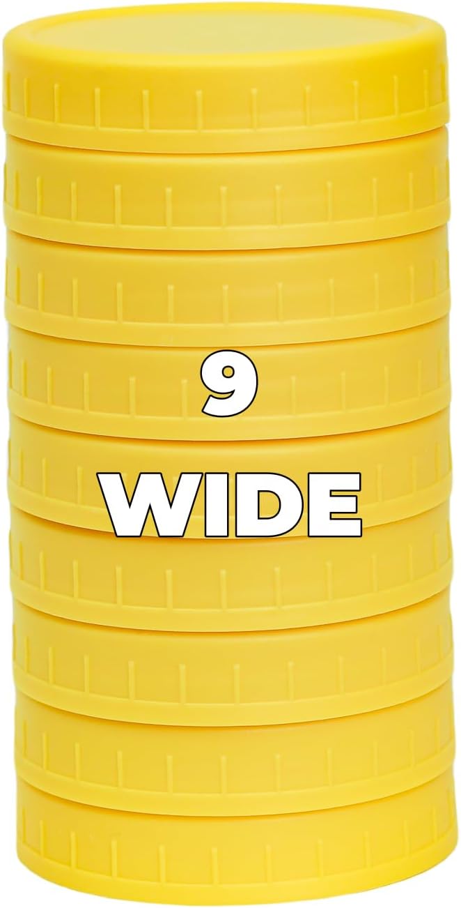 Bedgeta 9 Wide Mouth Mason Jar Lids with Silicone Ring,Thickened Leak-proof Lids Fit Ball,Kerr and More, 9 Yellow Plastic Lids, 86mm Plastic Mason Jar Lids(Yellow) - Image 1