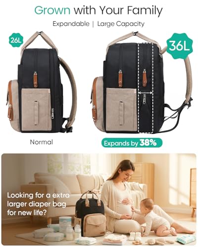 Qualyphant Extra Large Diaper Bag Backpack for Two Kids Twins Expandable Baby Bag 2636L Dual Big Compartments Includes Changing Pad Stroller Straps Unisex Black Khaki - Image 3