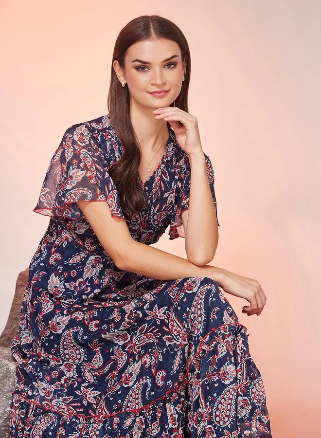 Miss Chase Navy Blue Paisley Print V Neck A-Line Maxi Dress