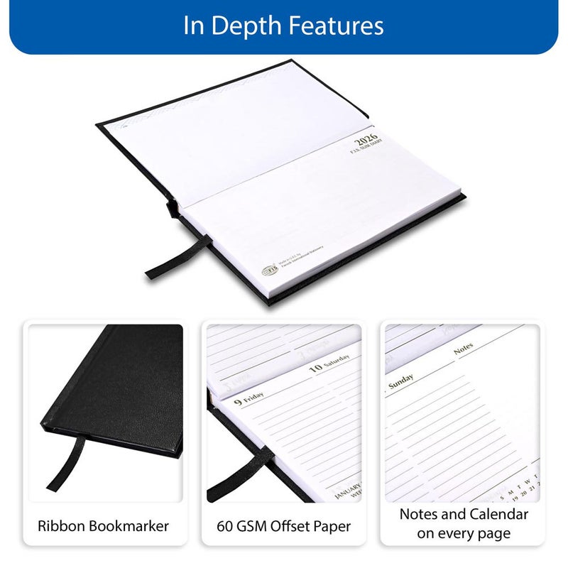 FIS 2026 Slim Diary, Slim Size 170x90mm, Hard Cover Vinyl Materials, 1 Week at a Glance, Landscape Format, 60gsm White Paper, Black Cover - FSDI51E26BK - Image 5