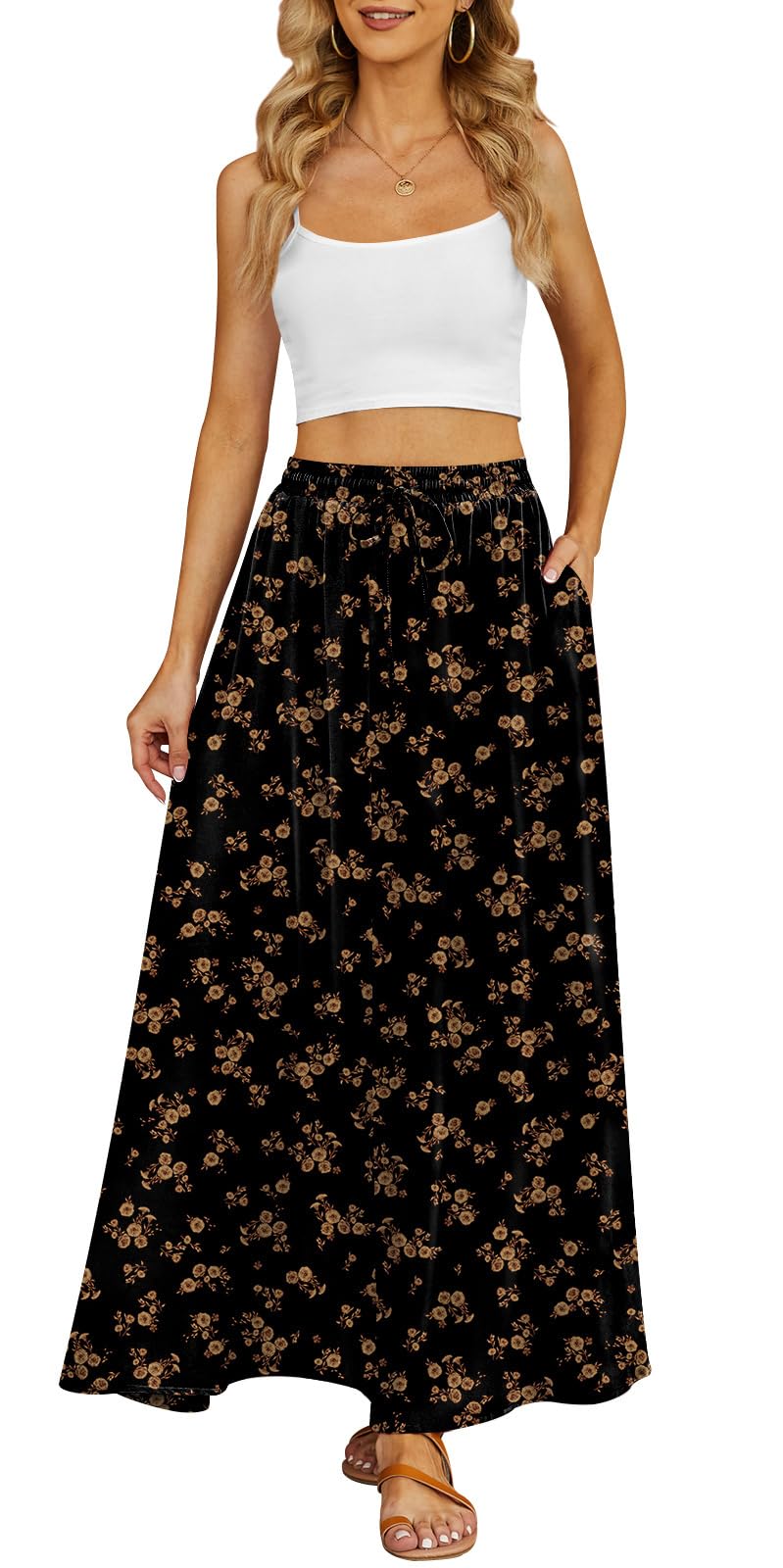 Yincro Women's Flowy Maxi Skirt Summer Pleated High Waisted Casual Long Skirts with Pockets (Brown Ditsy Floral, M) - Image 2