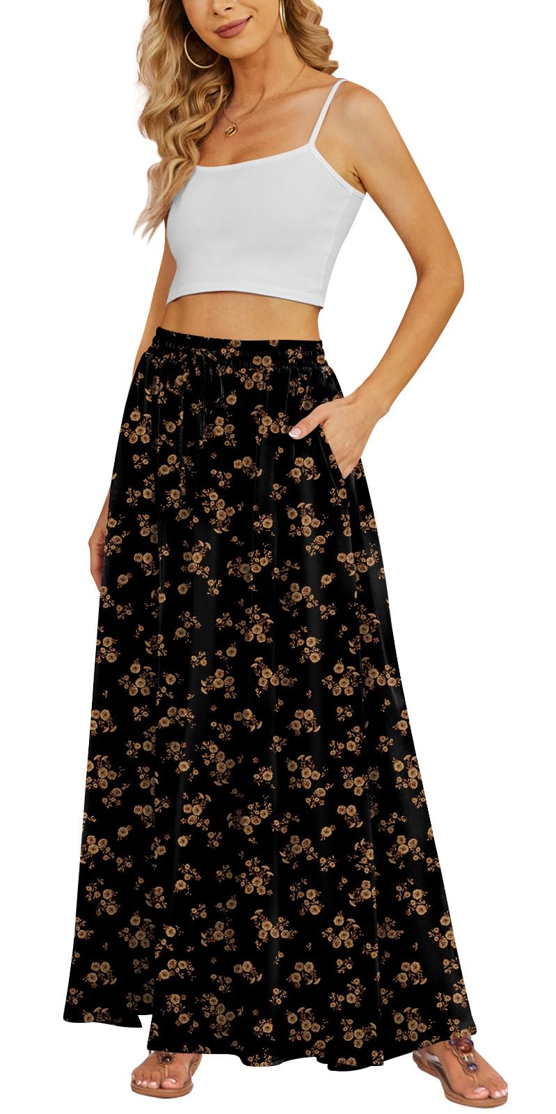 Yincro Women's Flowy Maxi Skirt Summer Pleated High Waisted Casual Long Skirts with Pockets (Brown Ditsy Floral, M) - Image 5