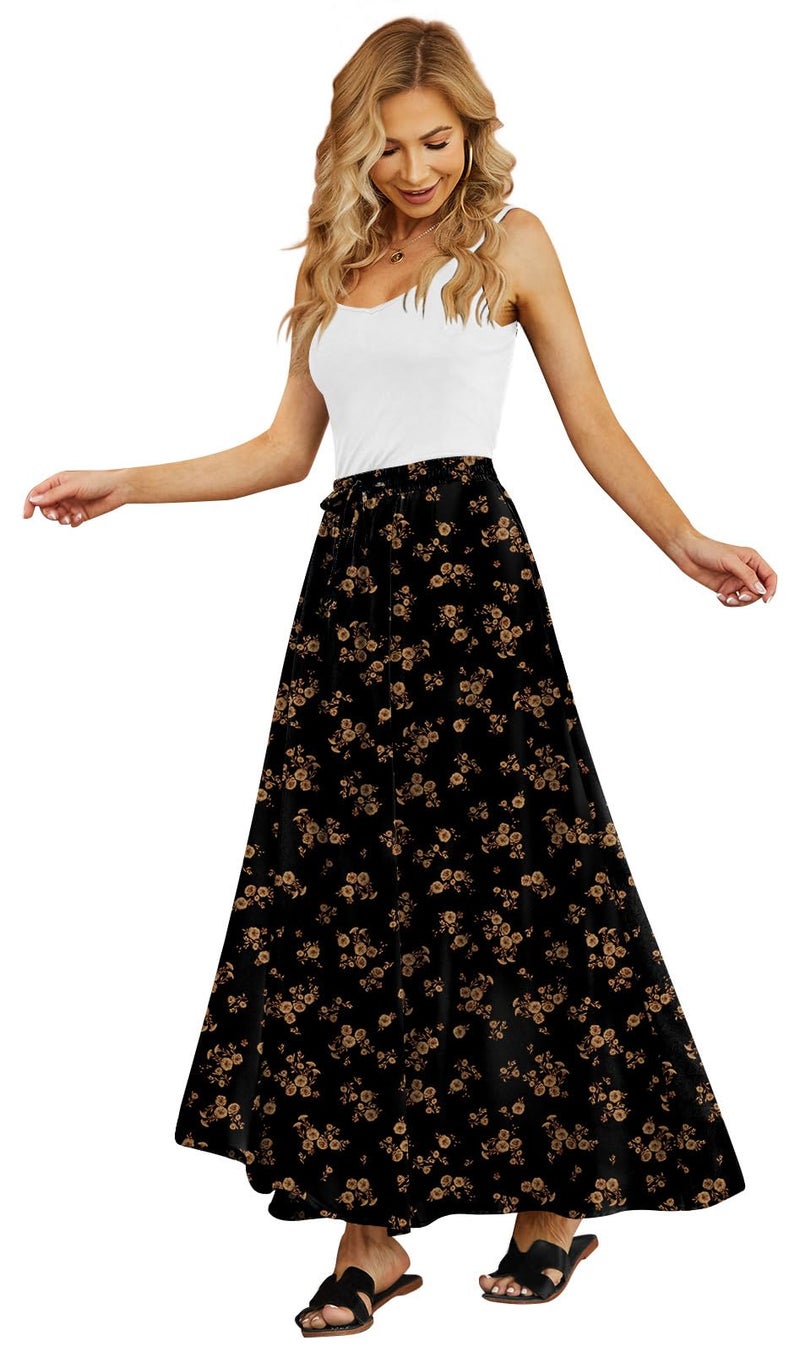 Yincro Women's Flowy Maxi Skirt Summer Pleated High Waisted Casual Long Skirts with Pockets (Brown Ditsy Floral, M) - Image 3