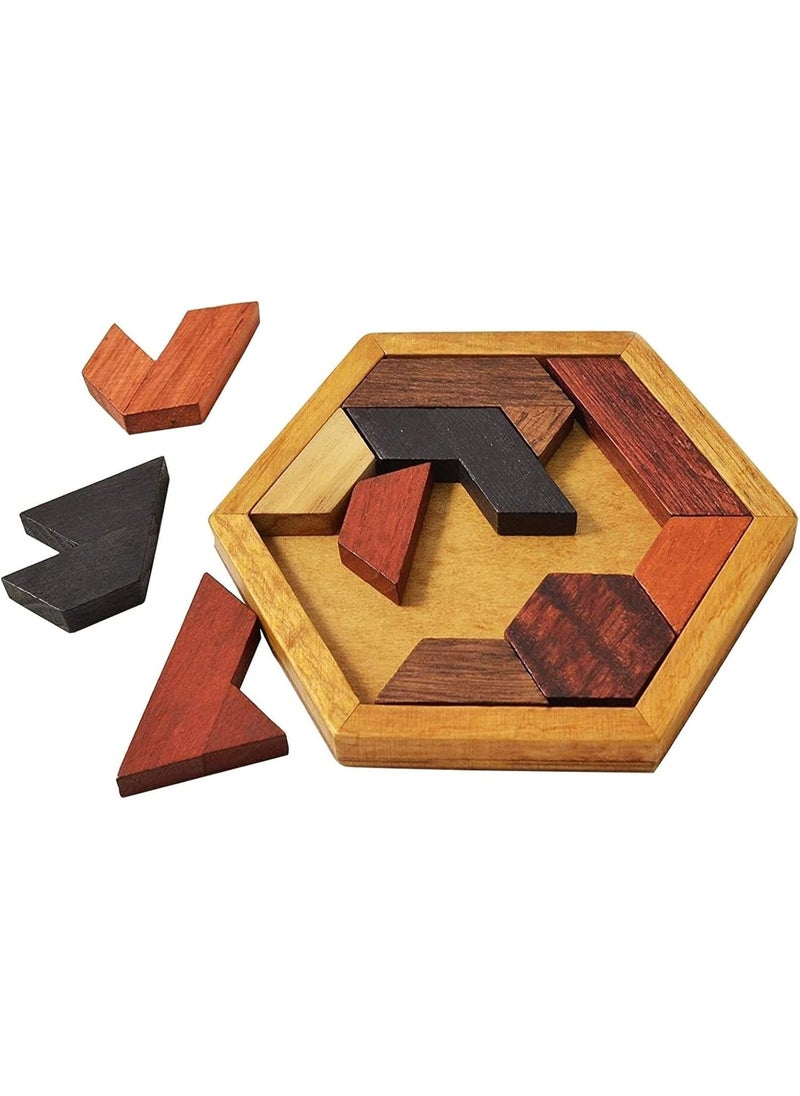 Mumoo Bear Mumoo Bear Hexagon Tangram Puzzle Wooden Puzzle For Children And Adults Challenging Puzzles Wooden Brain Teasers Puzzle For Adults Puzzles Games Family Portable Puzzles Brain Game  - Image 1