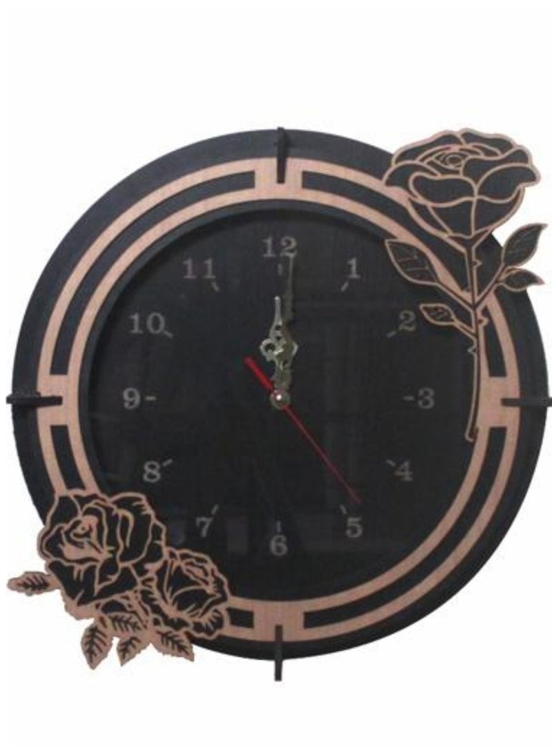 Round flowers wall wood & glass analog clock for home decor