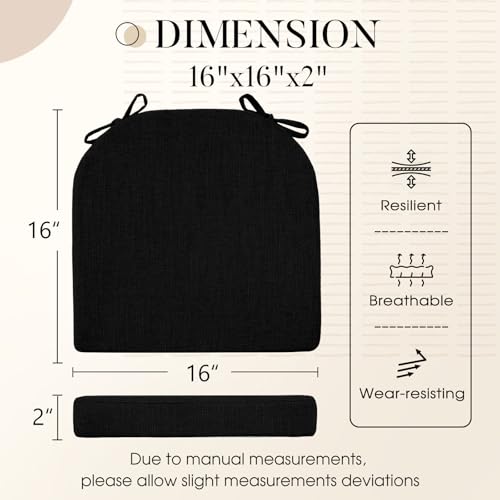 Basic Beyond Chair Cushions for Dining Chairs 4 Pack Kitchen Chair Cushions with Ties and Non Slip Backing 16 x 16 inches Chair Pads for Dining Chairs Black - Image 3