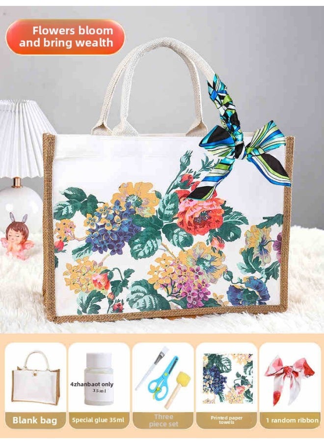 null - Butterfly Ancient Bart Material Bag Diy Mother's Day Canvas Bag Children's Handmade Creative Linen Bag Group Building Activity Gift-Color:Horizontal Style [flowers Bloom And Wealth] Comes With A Full Set Of Tools + Detailed Tutorials - Image 1