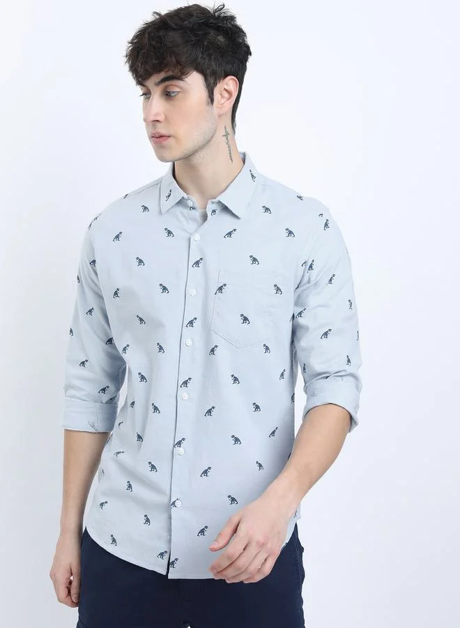 كيتش All Over Dinosaur Print Chest Pocket Shirt with Long Sleeves by Styli