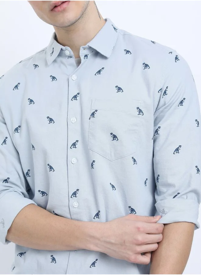 كيتش All Over Dinosaur Print Chest Pocket Shirt with Long Sleeves by Styli