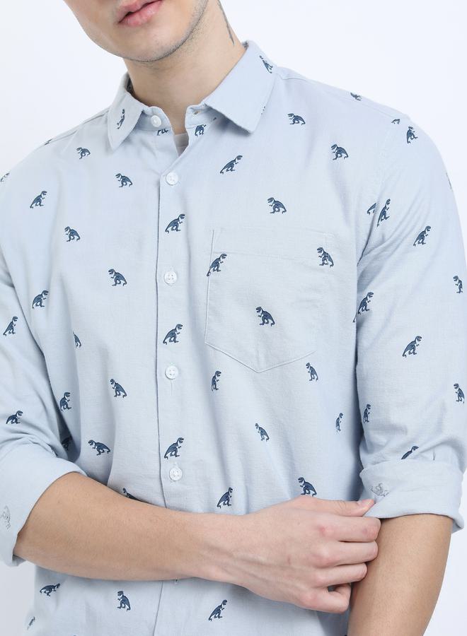 Ketch All Over Dinosaur Print Chest Pocket Shirt with Long Sleeves by Styli - Image 2