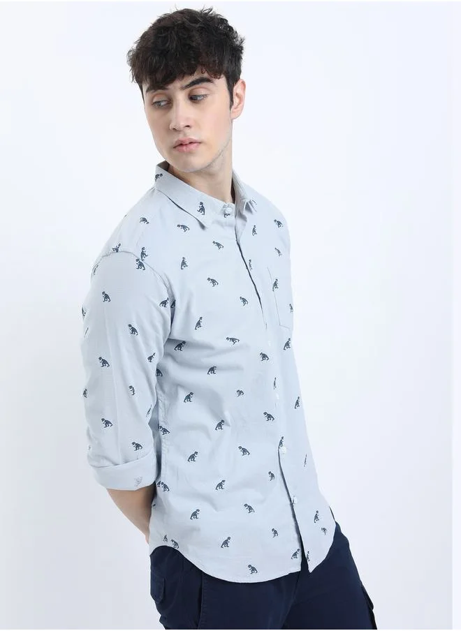 كيتش All Over Dinosaur Print Chest Pocket Shirt with Long Sleeves by Styli