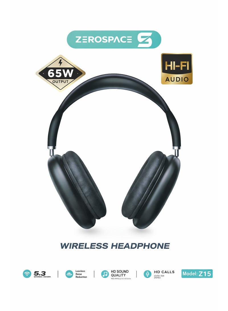 سماعات رأس لاسلكية Zerospace Z15 - أسود، فوق الأذن، صوت عالي الدقة مع علبة منقوشة