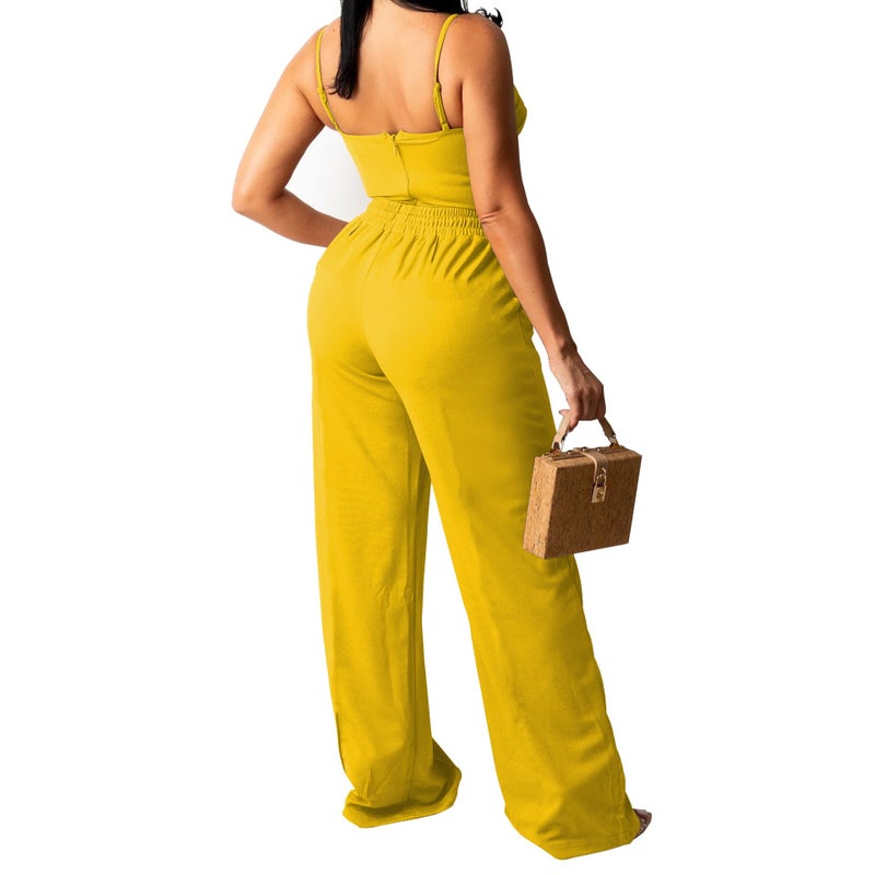PINSV Women's Casual Wide Leg Pants High Waisted Drawstring Baggy Sweatpants Elastic Straight Leg Lounge Pants Yellow XXL - Image 3