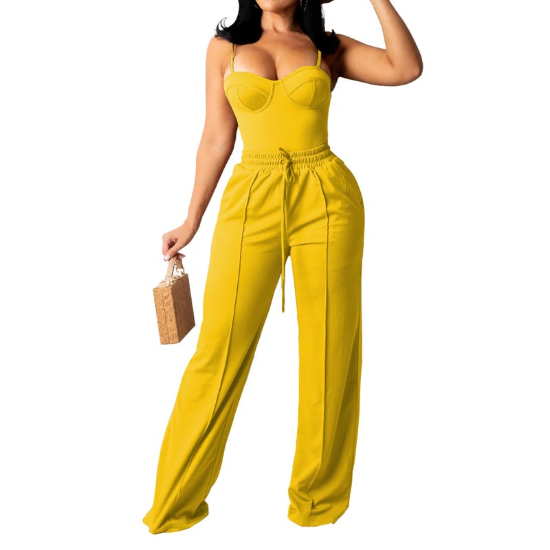 PINSV Women's Casual Wide Leg Pants High Waisted Drawstring Baggy Sweatpants Elastic Straight Leg Lounge Pants Yellow XXL - Image 2