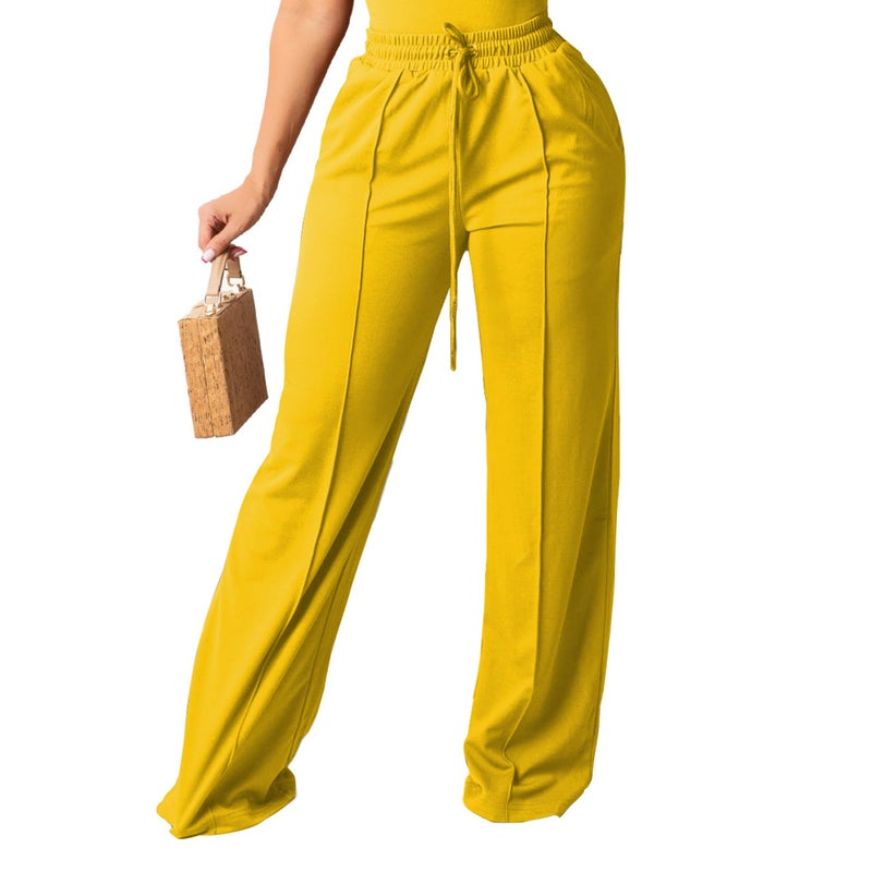 PINSV Women's Casual Wide Leg Pants High Waisted Drawstring Baggy Sweatpants Elastic Straight Leg Lounge Pants Yellow XXL - Image 1