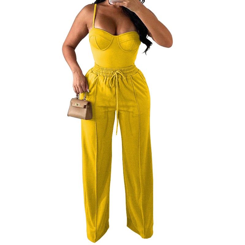 PINSV Women's Casual Wide Leg Pants High Waisted Drawstring Baggy Sweatpants Elastic Straight Leg Lounge Pants Yellow XXL - Image 4