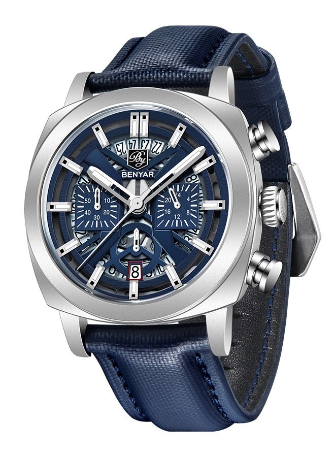 بينيار ساعة رجالي حزام من الجلد الهيكل العظمي حركة الكوارتز مقاوم للماء ساعة الرجال مؤشر لوم ، ساعة من قبل-5205 الفضة الأزرق - Image 1