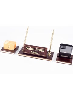 Premium Mahogany Table Name Holder with Phone Stand Desktop Name Holder Solid Brass 3 Piece Name Holder