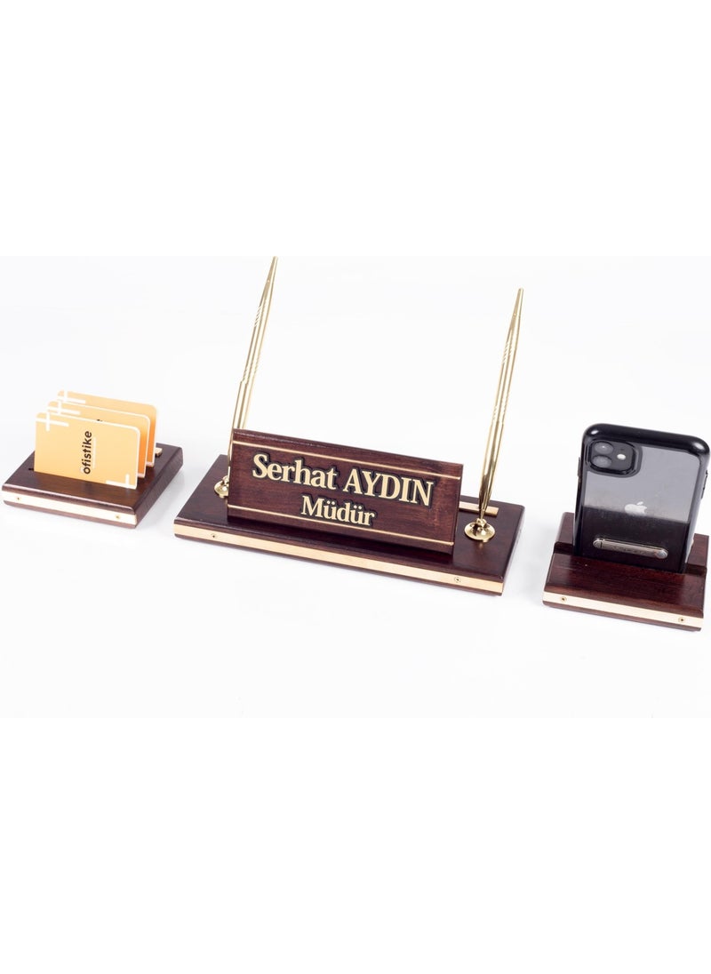 Ofistike - Premium Mahogany Table Name Holder with Phone Stand Desktop Name Holder Solid Brass 3 Piece Name Holder - Image 1