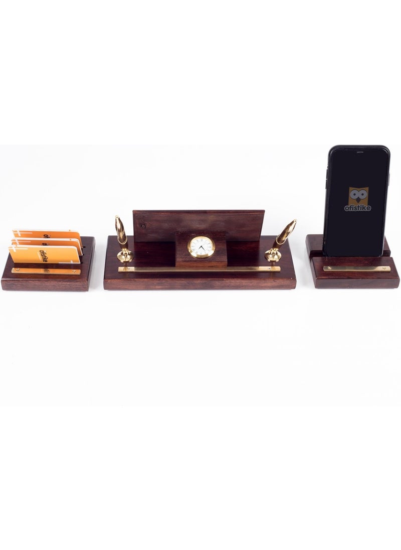 Ofistike - Premium Mahogany Table Name Holder with Phone Stand Desktop Name Holder Solid Brass 3 Piece Name Holder - Image 1