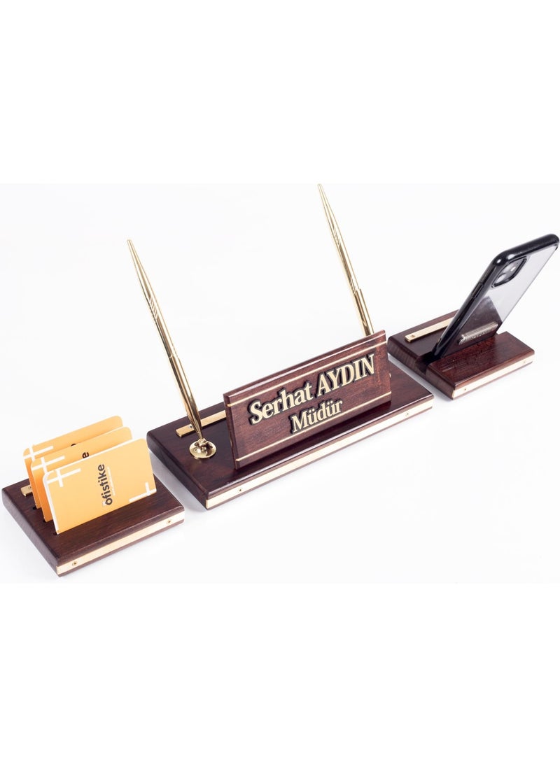 Ofistike - Premium Mahogany Table Name Holder with Phone Stand Desktop Name Holder Solid Brass 3 Piece Name Holder - Image 1