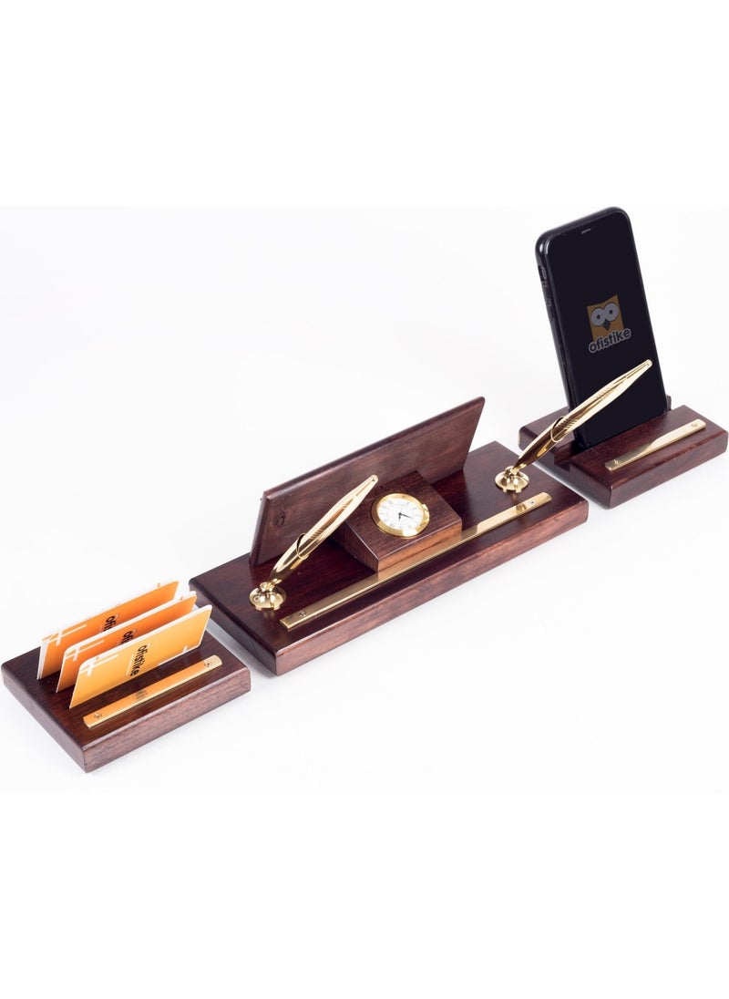 Ofistike - Premium Mahogany Table Name Holder with Phone Stand Desktop Name Holder Solid Brass 3 Piece Name Holder - Image 1