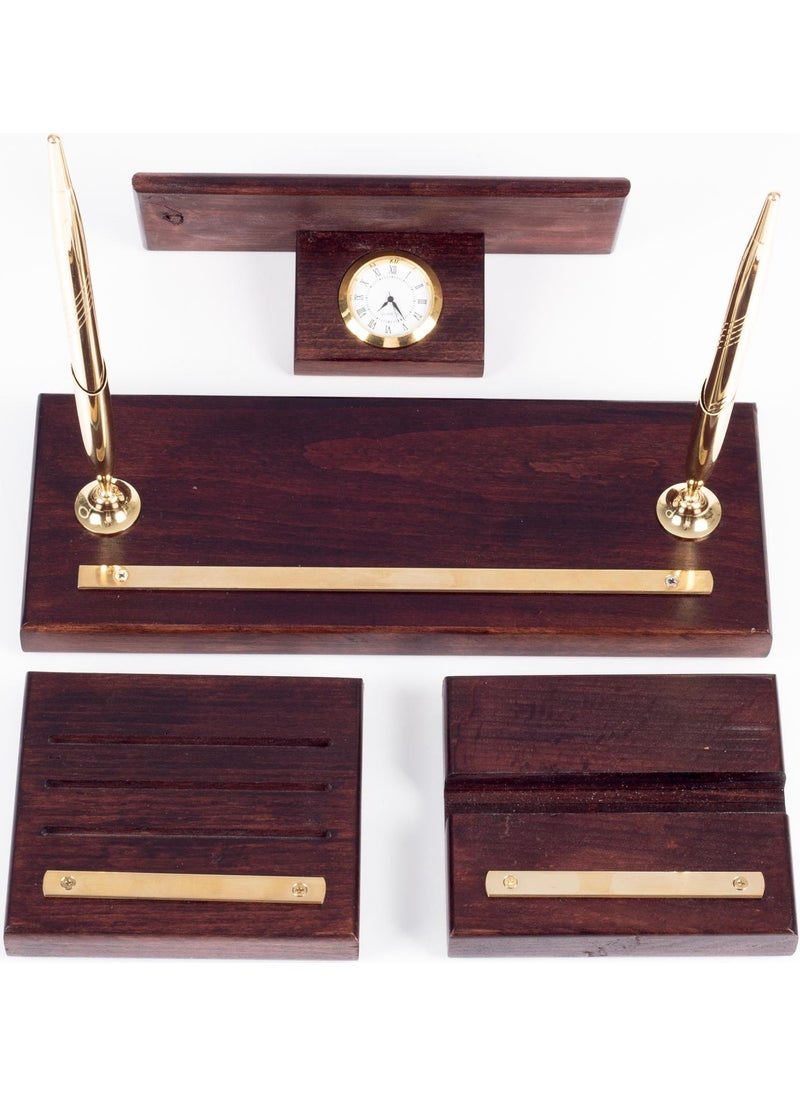 Ofistike - Premium Mahogany Table Name Holder with Phone Stand Desktop Name Holder Solid Brass 3 Piece Name Holder - Image 1