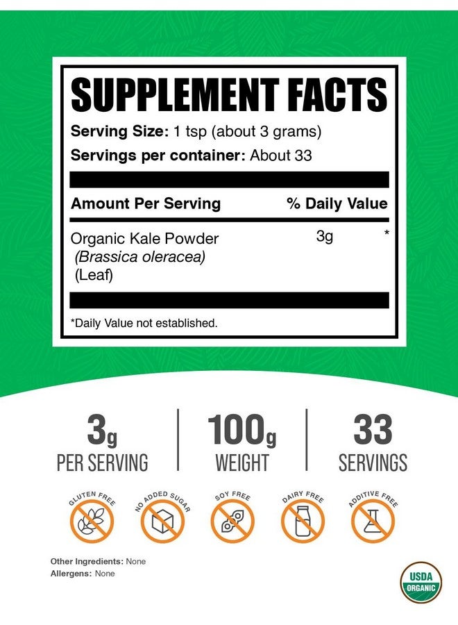 BulkSupplements.com Organic Kale Powder - Superfood Powder, Greens Powder, Kale Organic - Vegan & Gluten Free - 3g per Serving, 100g (3.5 oz) (Pack of 1) - Image 2