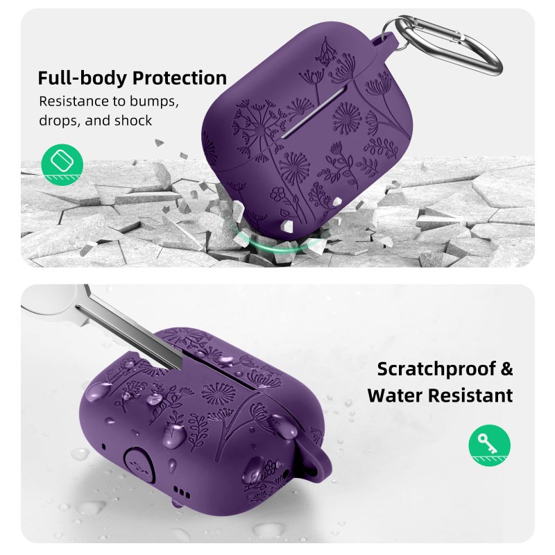Lerobo Flower Engraved Case for Airpod Pro/Airpod Pro 2, Cute Silicone Skin Full Protective Cover Compatible with Apple Airpods Pro 2nd/1st Generation with Keychain Purple - Image 3
