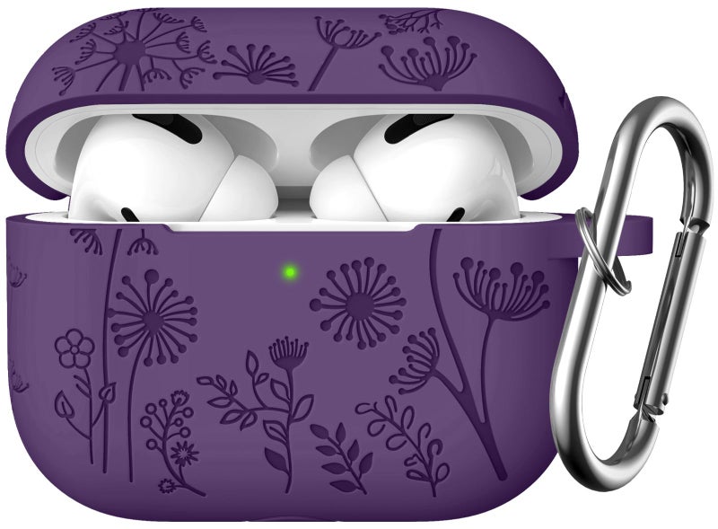 Lerobo Flower Engraved Case for Airpod Pro/Airpod Pro 2, Cute Silicone Skin Full Protective Cover Compatible with Apple Airpods Pro 2nd/1st Generation with Keychain Purple - Image 1