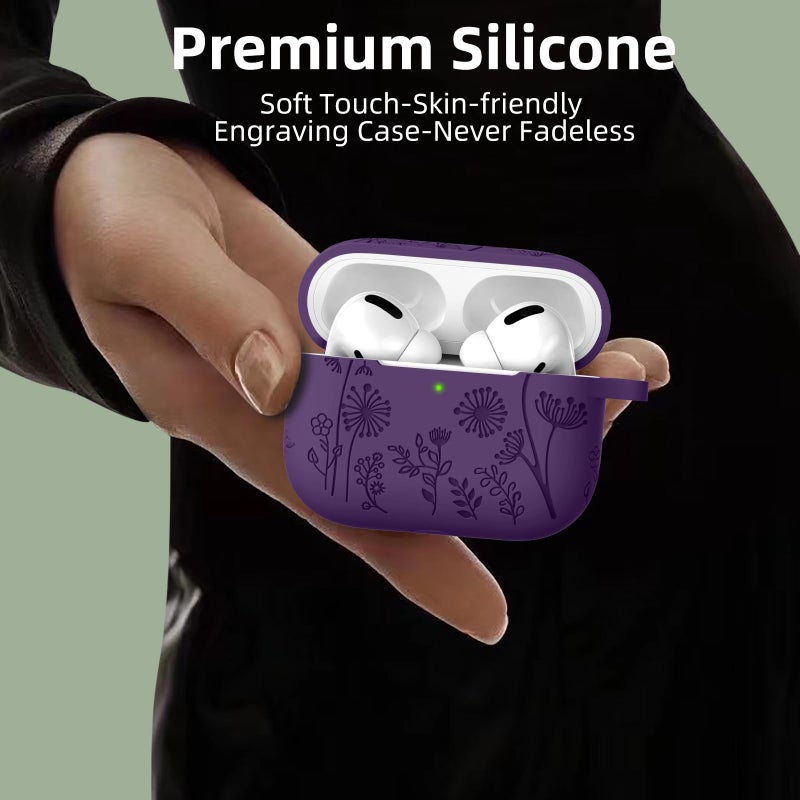 Lerobo Flower Engraved Case for Airpod Pro/Airpod Pro 2, Cute Silicone Skin Full Protective Cover Compatible with Apple Airpods Pro 2nd/1st Generation with Keychain Purple - Image 4
