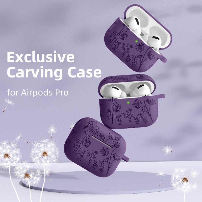 Lerobo Flower Engraved Case for Airpod Pro/Airpod Pro 2, Cute Silicone Skin Full Protective Cover Compatible with Apple Airpods Pro 2nd/1st Generation with Keychain Purple - Image 2