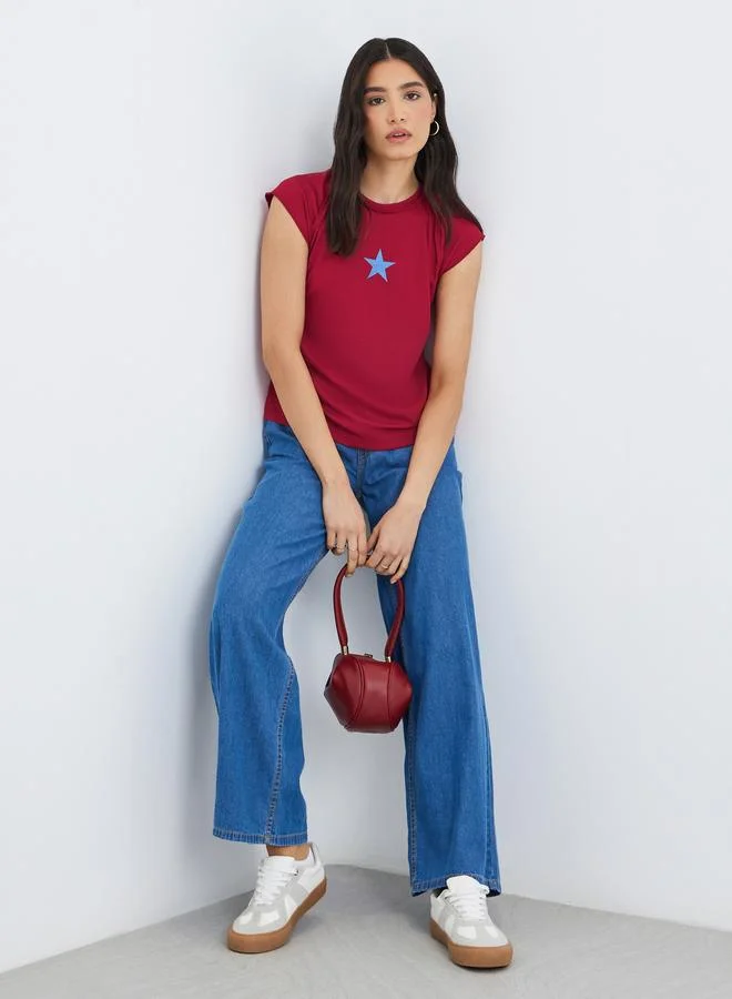 Take Two Take Two Star Embroidered Ribbed Reglan Short Sleeve Top