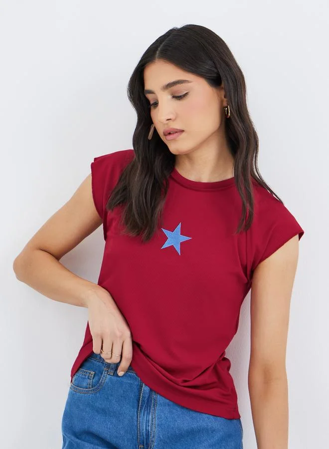 Take Two Take Two Star Embroidered Ribbed Reglan Short Sleeve Top